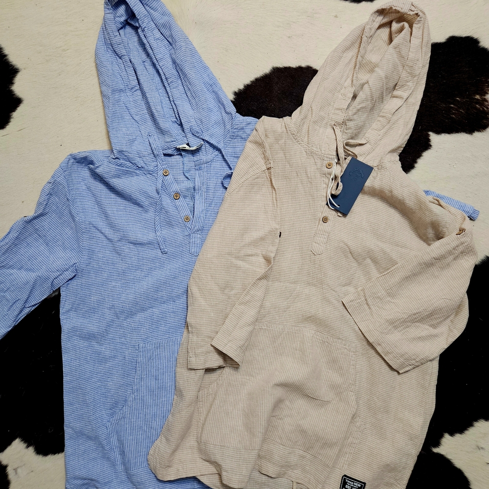 NEW! Set Of 2. Lightweight Cotton/Linen Hooded Tunic Beach Tops - Blue and Tan
